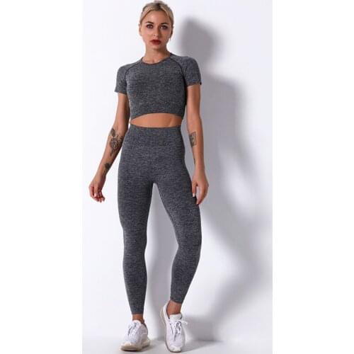 SALSPOR Solid Women Yoga Suits Fitness Shortsleeve Tops Trainning Running Leggings 2 Piece of Sets Sport Cycling Gym Suits