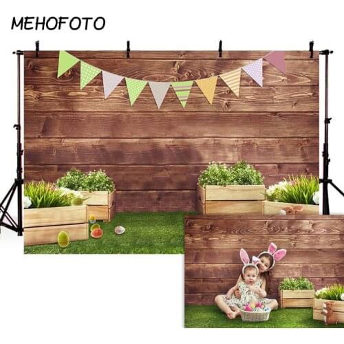 MEHOFOTO Fabric Spring Easter Photography Backdrops Bunny Rabbit Green Grass Brown Wooden Wall Kids Background Photo Studio