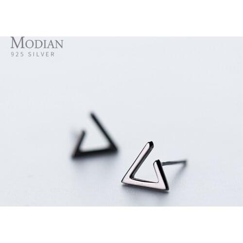 Modian Minimalist Black Color Punk Triangle Stud Earrings For Women 925 Sterling Silver Ear Studs Jewelry Female Accessories