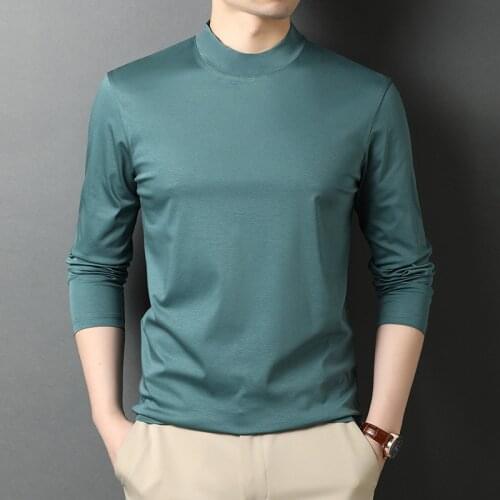 Comfy 100% Mercerized Cotton T Shirt Men Long Sleeve Korean Style Basic Solid Color T-shirts Half High Collar 2021quick Dry Tees