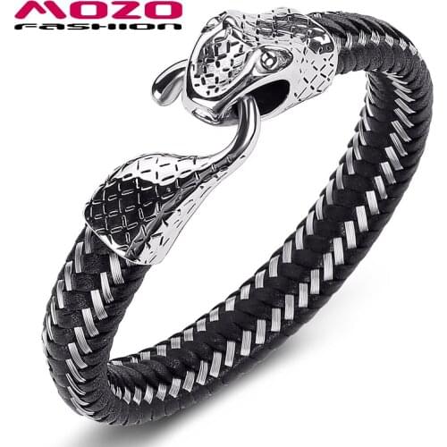 Men Bracelet Black Handmade Leather Fashion Jewelry Stainless Steel Snake Button Casual Male Bangles Gift