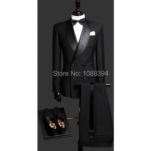 Custom Made Formal Wedding Dress Black Double Breasted Men Suits Wedding Tuxedos For Men Groom Suits Bridegroom Jacket+Pants+Bow