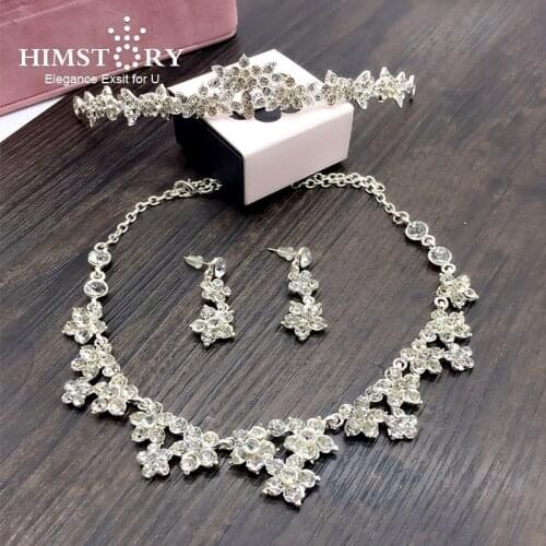 HIMSTORY Hot Sale Sliver Color Rhinestone Crystal Necklace+Earrings+Tiara 3pcs Jewelry Set For Bride Bridal Wedding Accessories