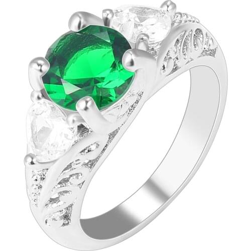 Luxury Women Wedding Engagement Green Zircon Ring Retro Silver Color Ring Band with Crystals Stone Finger Ring Jewelry