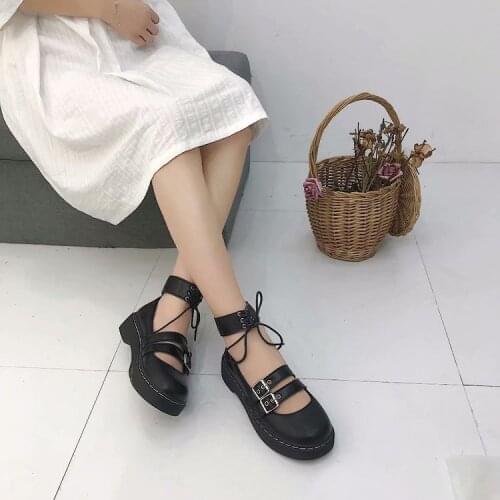 Lolita Shoes Uwabaki JK Round Toe Buckle Straps Lace-up Japanese School Students Uniform Dress Girls Black Cute Low Cut Pump