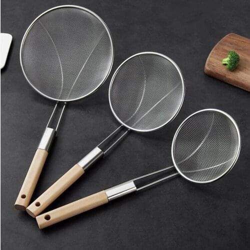 Reinforced Stainless steel colander soup spoon with wooden handle kitchen fine mesh strainer pot Frying Food Filter Cooking Tool