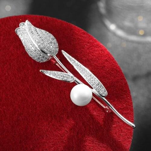 Vintage Pearl Brooch Crystal Tulip Rose Pin High Quality Cubic Zirconia Brooches Pins Flower Jewelry broches de mulheres de lux