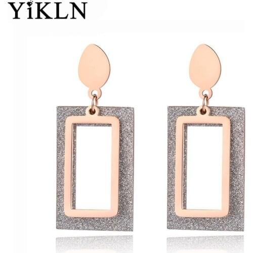 YiKLN Trendy Stainless Steel Double Rectangular Party Earrings Jewelry For Women Rose Gold Geometry Gray Matte Earrings YE19041
