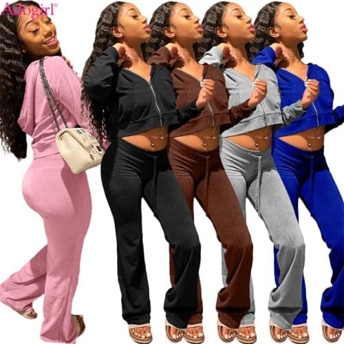 Adogirl Velvet Women Tracksuit Zipper Long Sleeve Hooded Sweatshirts Crop Tops Drawstring High Waist Wide Leg Pants Casual Suit