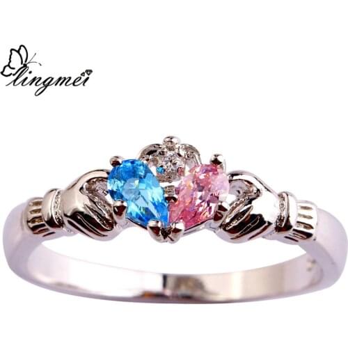 Lingmei Claddagh Jewelry Fashion AAA White & Red & Blue Zircon Silver Color Ring Size 6-9 10 11 12 Gorgeous Pretty Women Ring
