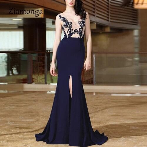 Ziamonga Sleeveless Long Lace Dress Mermaid Evening Dresses 2020 Lace Robe De Soiree Longue Formal Dress Abiye Gece Elbisesi