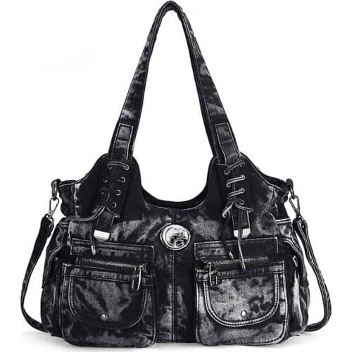 2020 High quality Casual print denim shoulder bag PU blue jeans handbag woman large capacity tote bags for travel