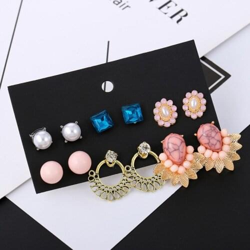 6Pcs/Set 2019 Fashion Pink Rhinestone Marble Earrings Set For Women Trendy Crystal White Pearl Stud Earring Girls Jewelry Gifts