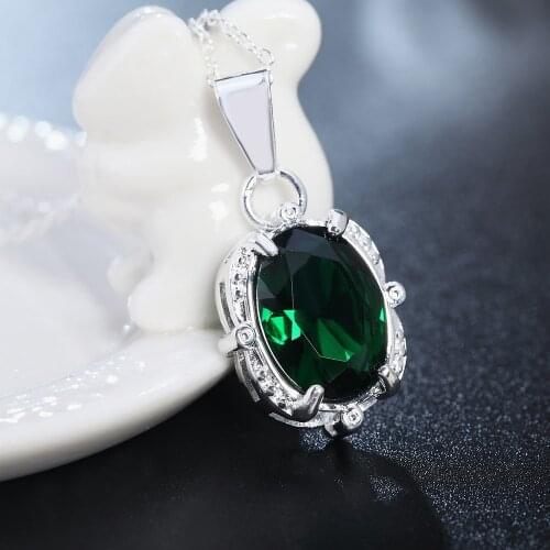 925 Sterling Silver Necklace 18 Inches Green Shiny crystal Pendant for Women High Quality Fashion Jewelry Christmas Gifts