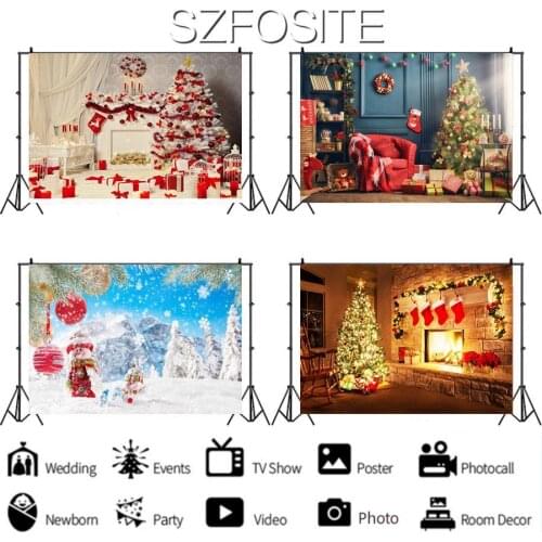 White Fireplace Winter Snow Tree Christmas Series Backdrop Holiday Party Decoration Kids Room Newborn Custom Background Photo