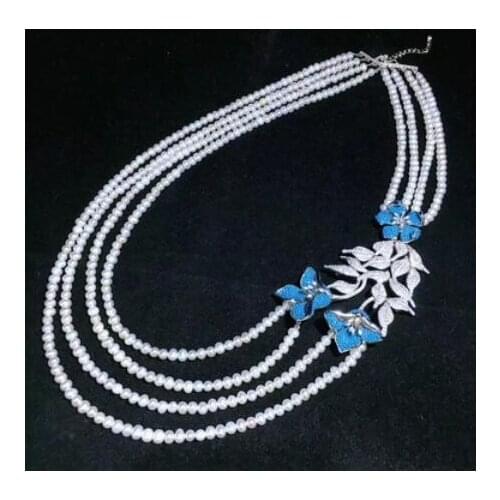 Free shipping Jewelry 4strands 6-7 mm natural south sea white pearl necklace micro inlay blue zircon rose pendant