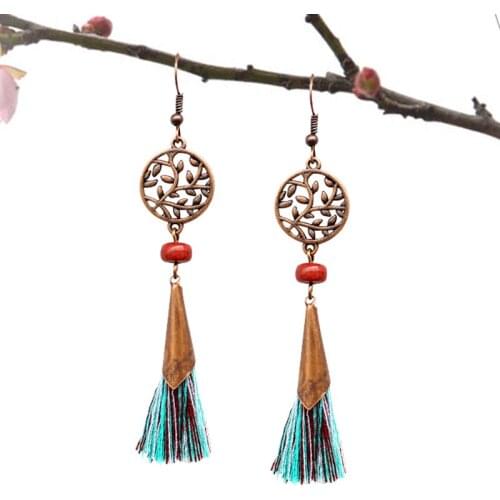 Bronze Hollow Out Round Branch Leaf Pattern Tassel Earrings Bohemian Retro Long Pendant Earrings For Women Ethnic Jewelry Gifts