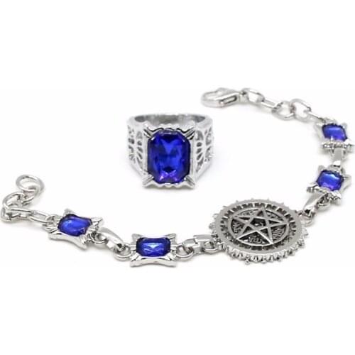 Black Butler Ring Bracelet Kuroshitsuji Ciel Phantomhive Sebastian Michaelis Cosplay Accessories Metal Sapphire Ring Bracelet