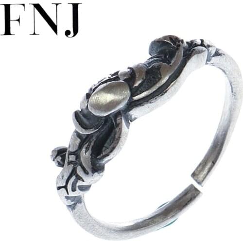 FNJ 990 Silver Matte Lotus Ring Original Pure S990 Sterling Silver Rings for Women Jewelry Open Adjustable Size Flower