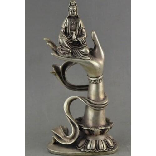 Collectible Decorated Old Tibet Silver Carved Kwan-yin Sit In Buddha Hand Statu