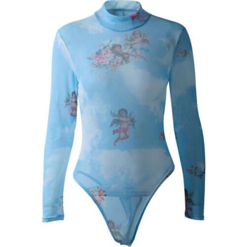 Rompers Women Sexy See Through Sheer Angel Print Long Sleeve Skinny Bodysuit Romper