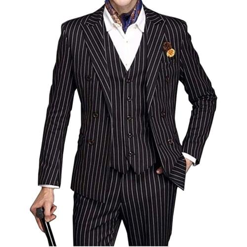 2020 New Slim Fit Mens Suit Set 3 Piece Double-breasted Wedding Groomman Pinstripe Notched Lapel Tuxedos Blazer+Veat+Pants