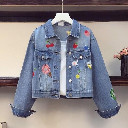 Blue Spring Fruit Embroidery Short Denim Jacket Women Loose Korean Style Chic Female Jeans Tops Cowboy Casual Streetwear Ladies