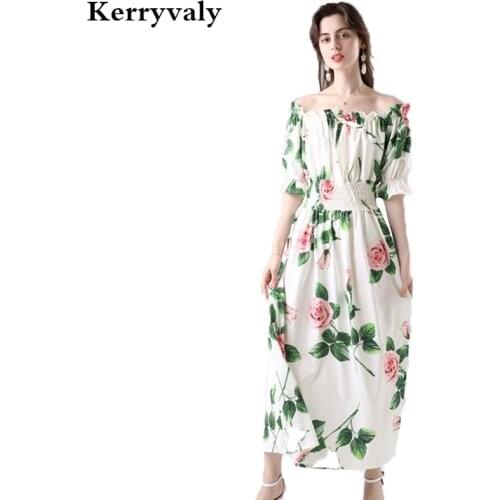Summer Fairy Rose Print Off Shoulder Sexy Beach Dress Ropa Mujer Verano 2021 Vintage Floral Glitter Party Maxi Dress K293