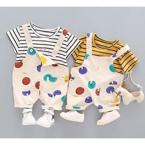 Summer new boy handsome back belt pants, color back belt pants + stripe T-shirt 2 sets, lovely boy leisure 2 sets