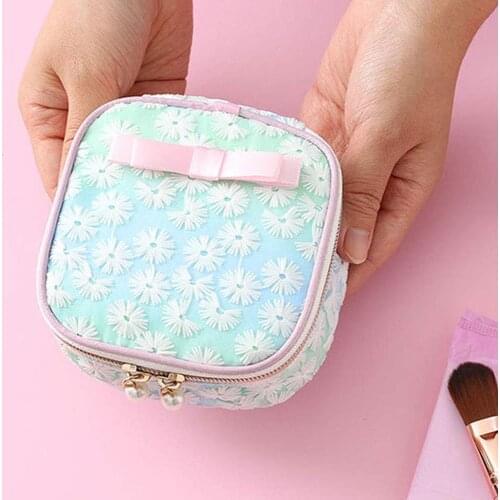 Cute Mesh Embroidered Sanitary Napkin Storage Bag Put Sanitary Cotton Bag Aunt Towel Square Storage Bags Cosmetic Pouch Bag