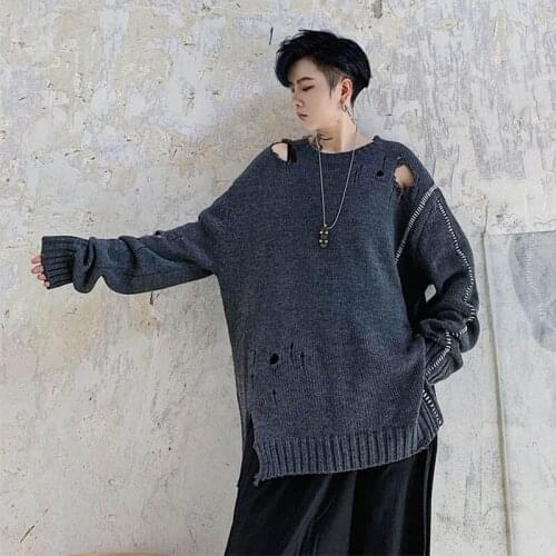 Men Autumn Winter Loose Big Hole Casual Knitted Pullover Sweater Male Vintage Streetwear Hip Hop Punk Gothic Fashion Sweater