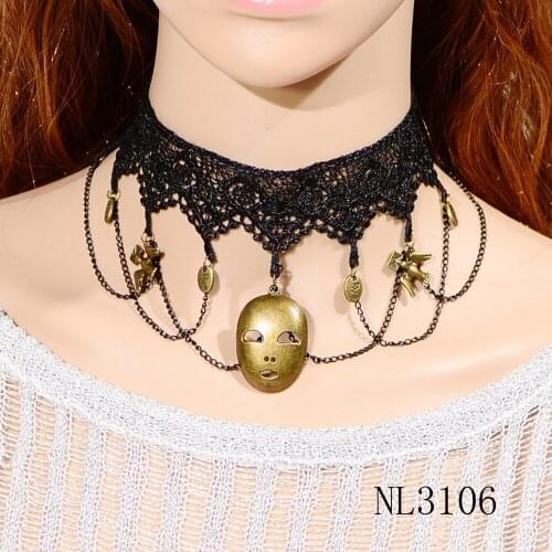 New Arrival Elegant Vintage Alloy Metal Mask Pendant Black Lace Choker Necklace Fashion Ladies Accessories Collar Jewelry