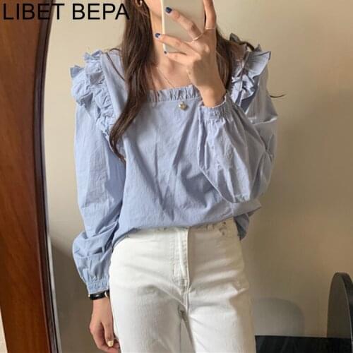 New 2021 Spring Summer Women Blouses Fashionable Shirt Square Collar Sweet Wild Elegant Ruffles Wild Ladies Short Tops BL9108