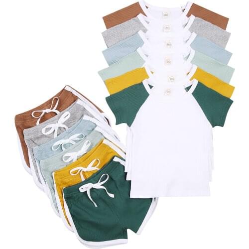New Summer Kids Baby Girls Boys Clothes Set Cotton Striped Short Sleve Drawstring Shorts Toddler Newborn Casual Outfit Sets 2pcs