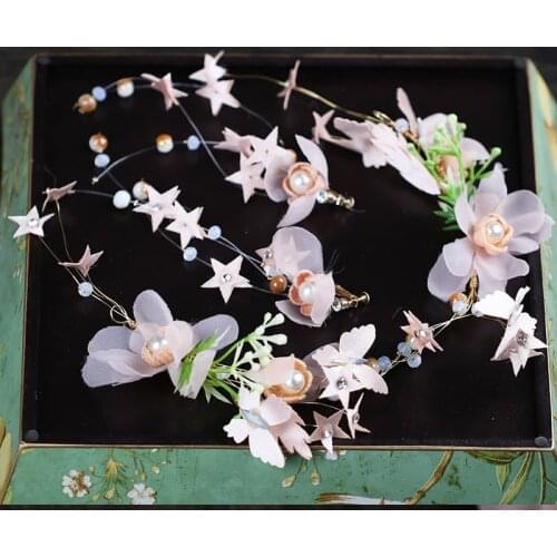 New Handmade Pink Flower Tiara Headbands For Bridal Hair Jewelry Pearl Crystal Stars Hairband Earrings Wedding Hair Accessories
