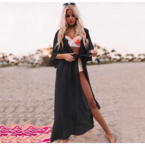 Solid Color Bikini Cover Ups Women Long Ruffle Sleeve Irregular Hem See Through Cardigan Drawstring Bow Knot Tied Belted