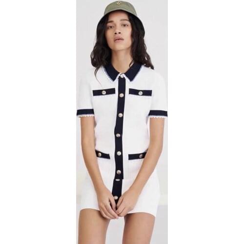 French dress small fragrant polo collar short-sleeved metal button knitted short skirt female A01825