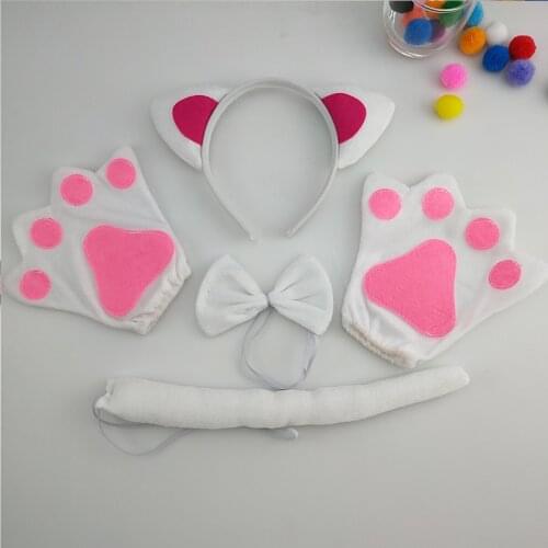 Adult Kids Animal Ear White Cat Headband Bow Tie Tail Paws Cosplay Costume Set Party Fancy Dress Up Props Halloween Carnival