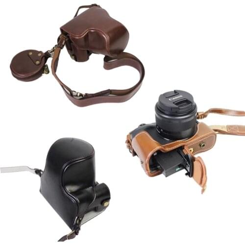 Luxury Pu Leather Camera Case Bag For Canon EOS M6 EOSM6 EOSM 6 With 15-45mm Lens Open Battery Cover + strap +Mini Battery Case