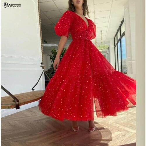 Sexy V-Neck Red Short Prom Dresses 2021 New Sparkly Tulle Robe De Soirée De Mariage Puff Sleeves A-Line Tea-Length Evening Gown