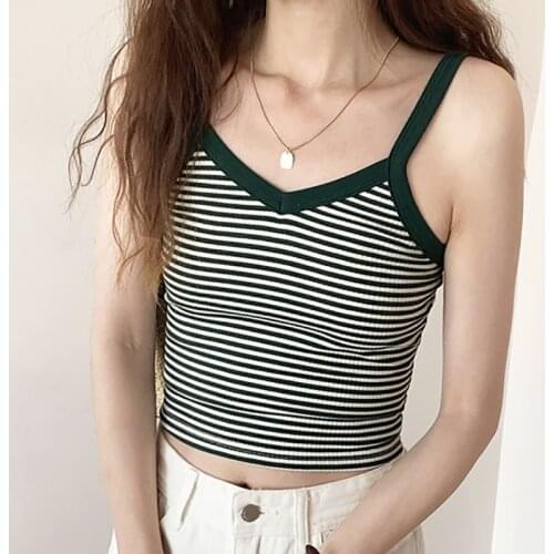 Striped V-Neck Tanks Camis Crop Top Women 2021 Summer Female Knitted Camisole Sleeveless Sexy Korean Style Slim Thin Tank Tops