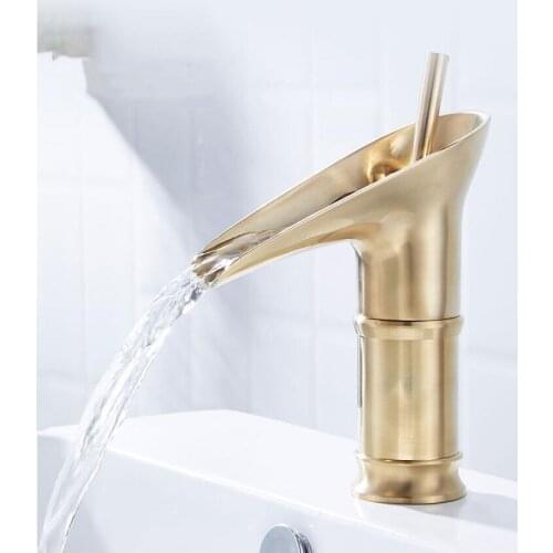 Tuqiu Hot Cold Basin Faucet Bathroom Waterfall Brush Gold Sink Faucet Single Lever Brass Crane