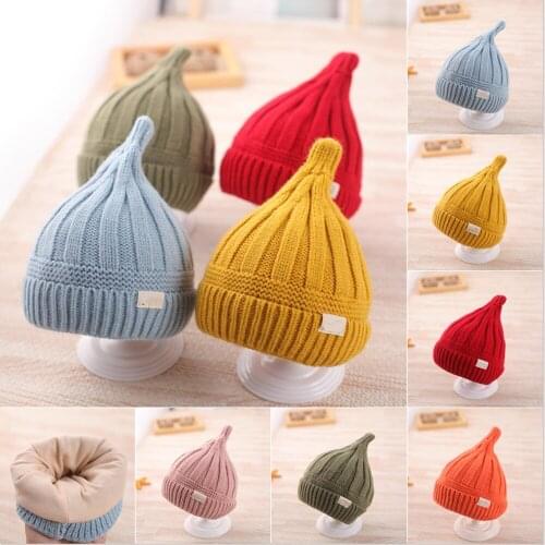 Knitted hat cute hats Autumn and winter new solid color woolen hat baby pointed hat striped warm knitted hat elastic hat girl