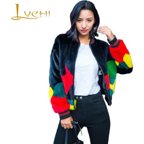 LVCHI Winter 2019 Real Mink Fur Coats Womens Patchwork Coat Full Pelt Causal Contrast Color Zippers Colorful Short Mink Coats