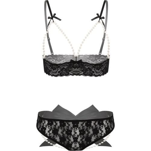 Womens Erotic Sheer Lace Lingerie Set Open Cups Underwired Bra Top with Garter Belt and G-String Briefs Suit Femme Sexy Outfit