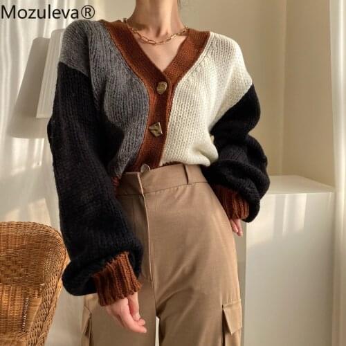 Mozuleva Casual V-neck Knitted Loose Cardigan Women Buttons Lantern Sleeve Sweaters Female Basic White Autumn Winter Tops
