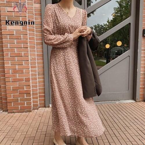 2021 Autumn Cute V-Neck Womens Dresses Long Sleeve Chiffon Dresses Print Floral Casual Loose Oversized Robe Lady Tunic KE1711