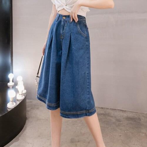 Zoki Plus Size Women Knee Jeans High Waist Korean Summer Blue Straight Pocket Casual Denim Pants Fashion Cotton Wide Legs Jean