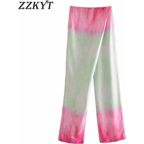ZZKYT 2021 Women Spring Fashion Casual Tie-dye Straight Pants Vintage High waist Fly Side Zipper England Style Trousers Mujer