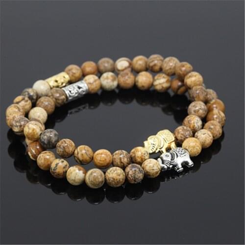 1pcs Beaded gold/silver color elephant charm women bracelet natural 6mm picture stone round stone beads bracelet for girl